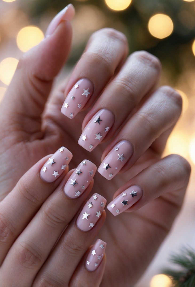 Close-up of hands with frosted pink nails decorated with silver stars.