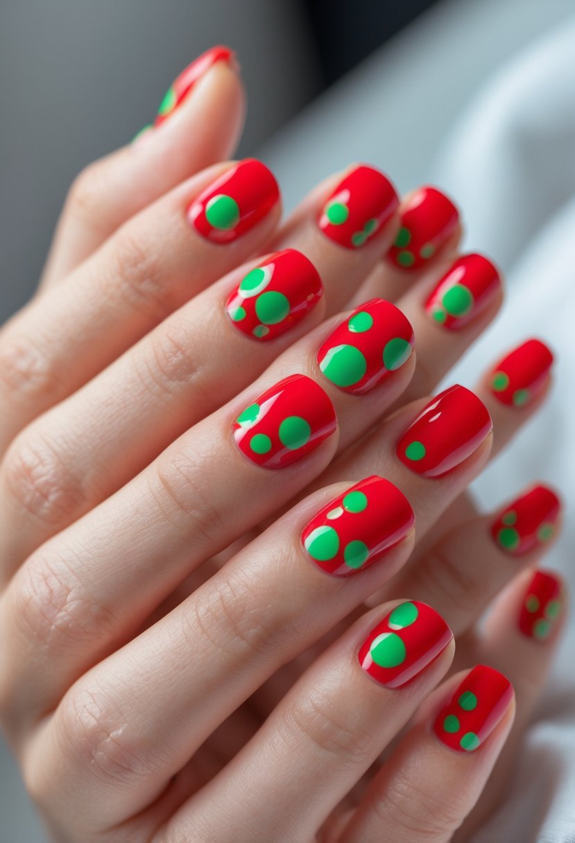 Nineteen fingernails painted bright red with green polka dots arranged in a fan shape.