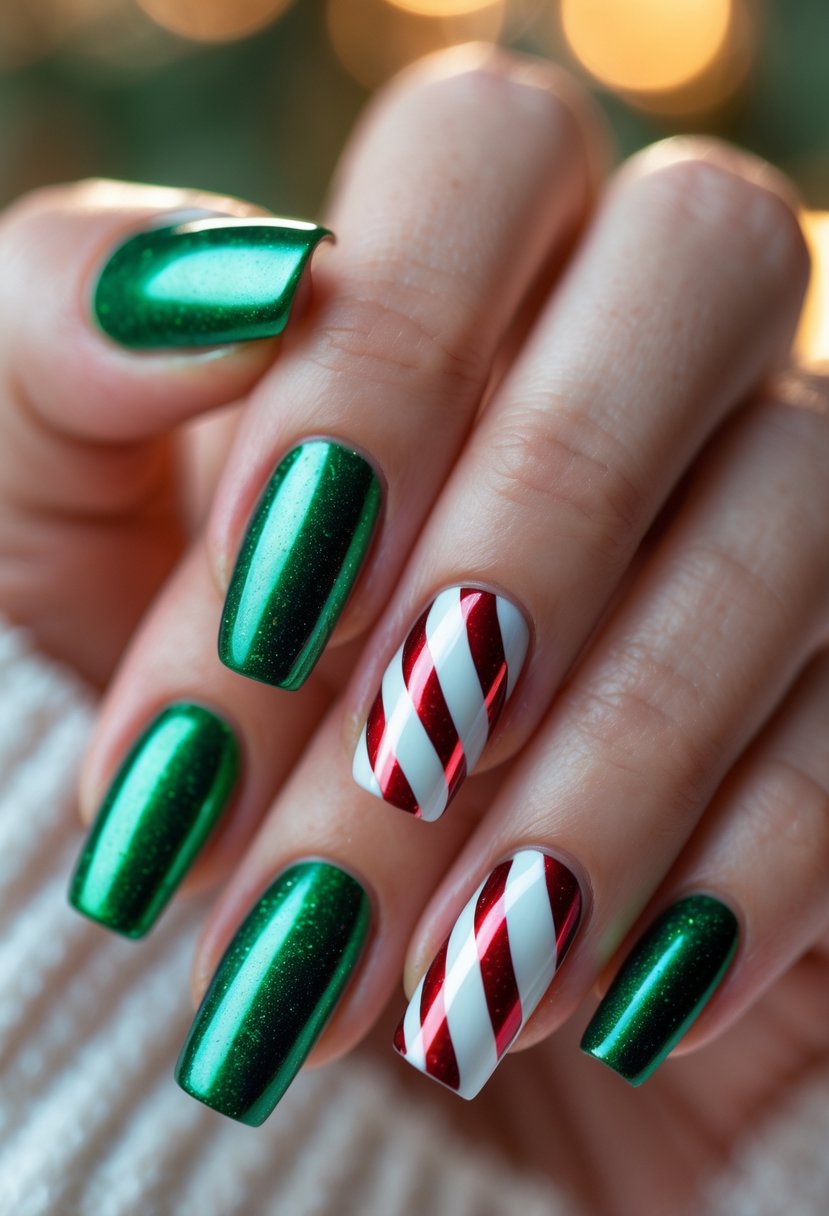 A close-up of a hand with metallic green nails decorated with red and white candy cane stripes.