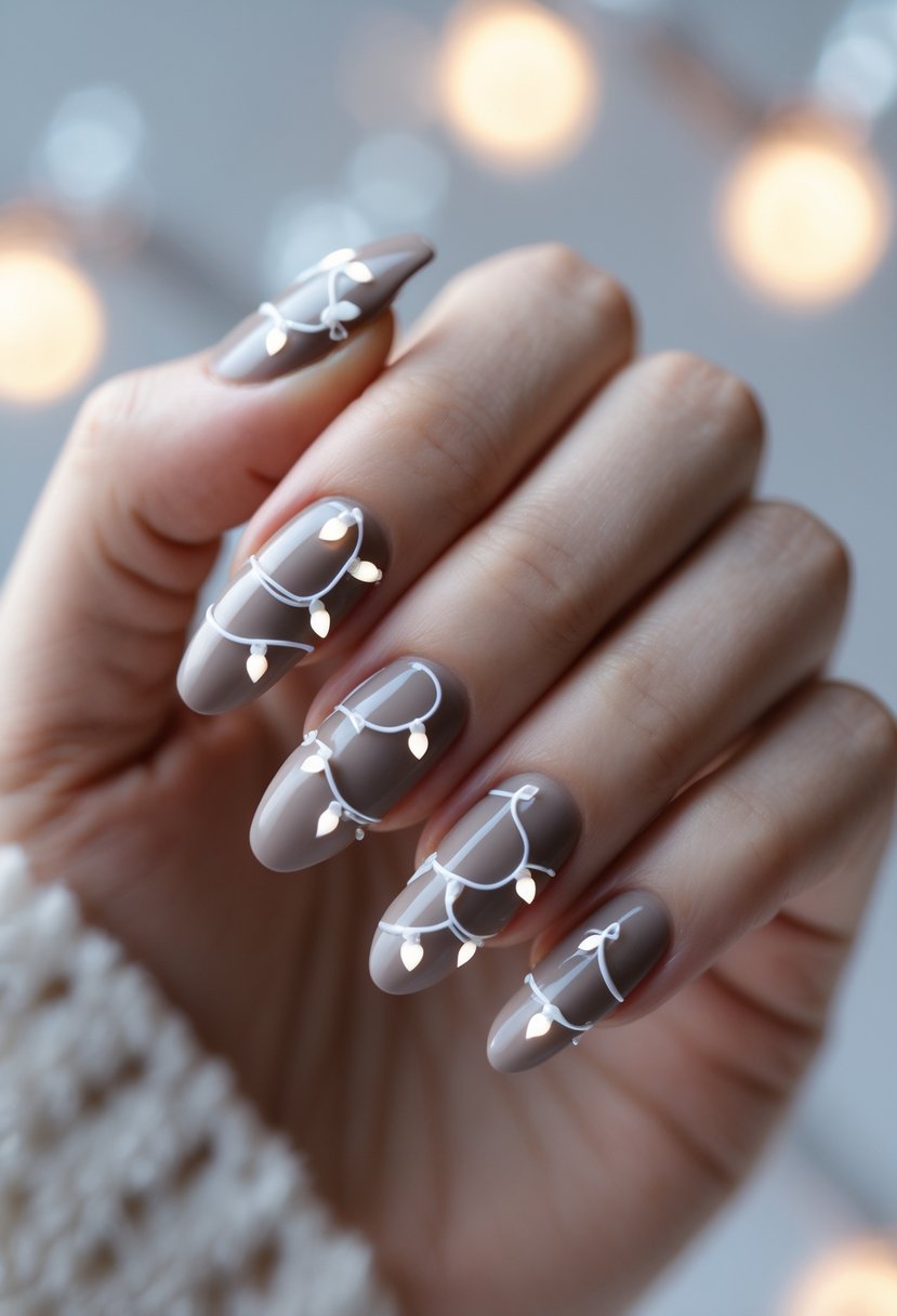 A close-up of a hand with nails painted in soft taupe and decorated with white Christmas light designs.