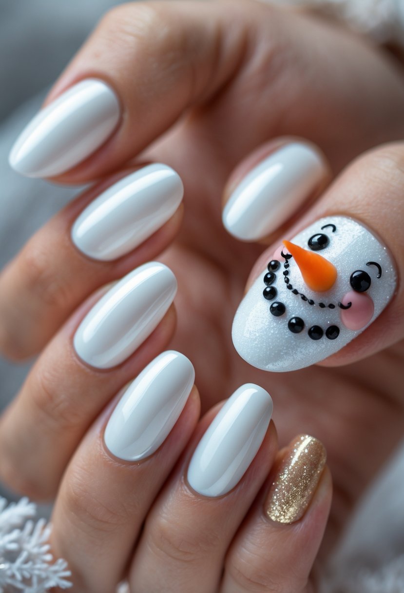 Close-up of a hand with glossy white Christmas-themed nails, featuring one nail with a detailed snowman face design.