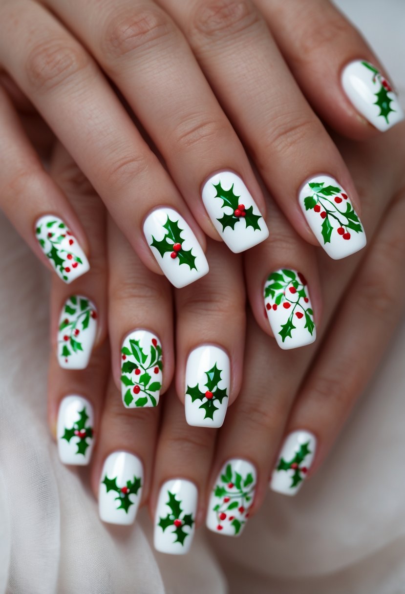 Close-up of hands with nineteen white nails decorated with green holly leaves and red berries for Christmas.