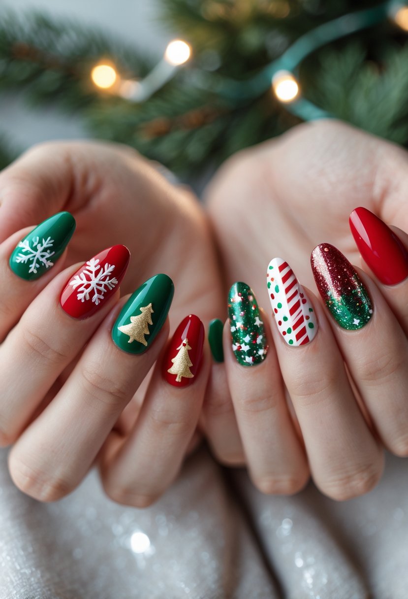 Close-up of two hands displaying 21 different Christmas-themed nail designs with festive patterns and colors.