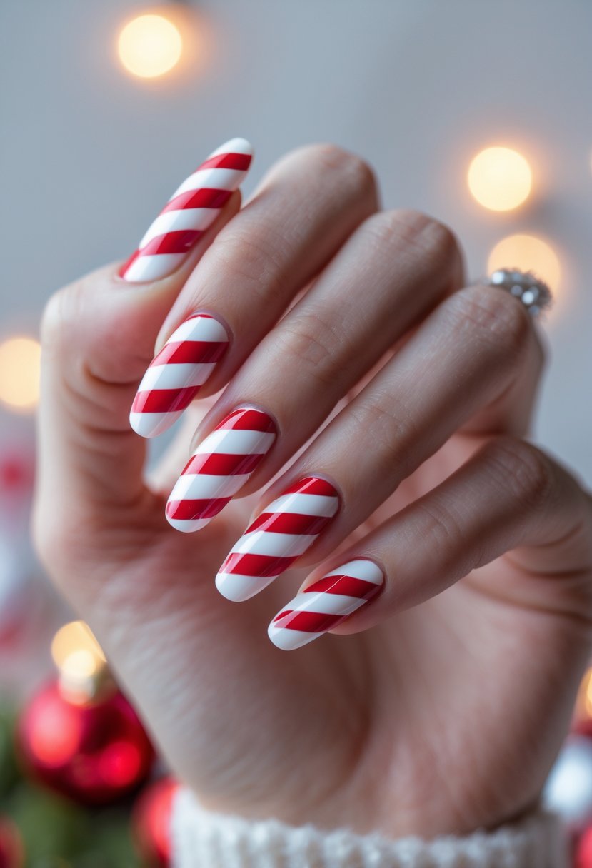 Close-up of a hand with red and white striped Christmas-themed nails against a soft background.