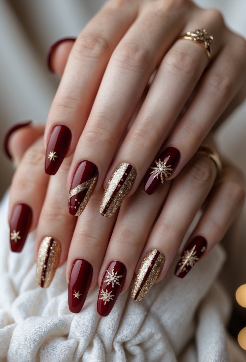 Close-up of hands with crimson red nails decorated with gold accents and festive patterns.