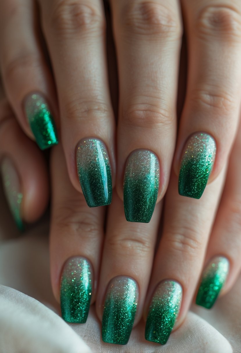 Close-up of hands with green glitter ombre Christmas-themed nails.