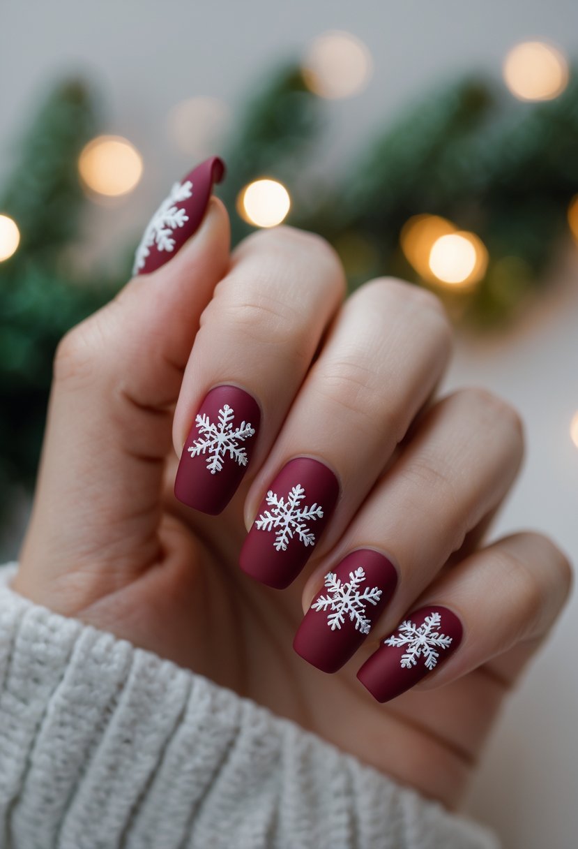 A hand showing 21 red nails decorated with white snowflake designs.