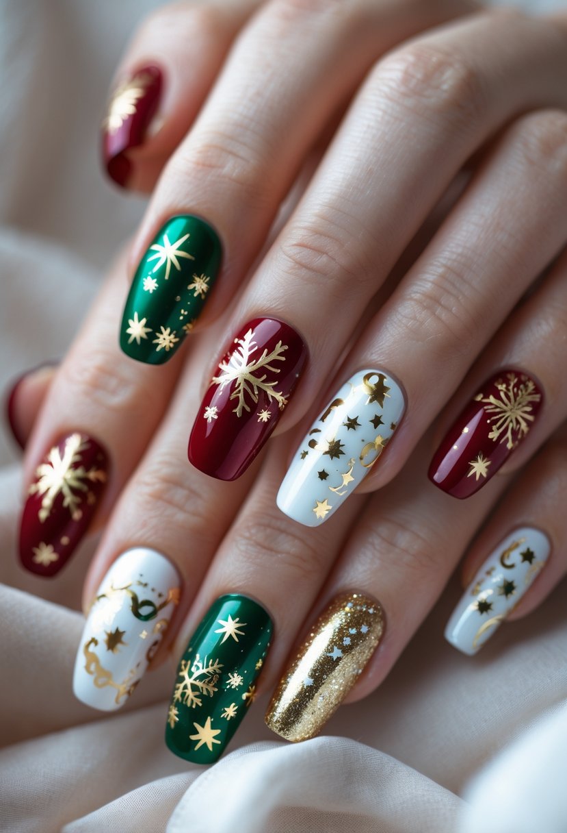 Close-up of hands with 21 decorated Christmas-themed nails featuring gold foil designs.