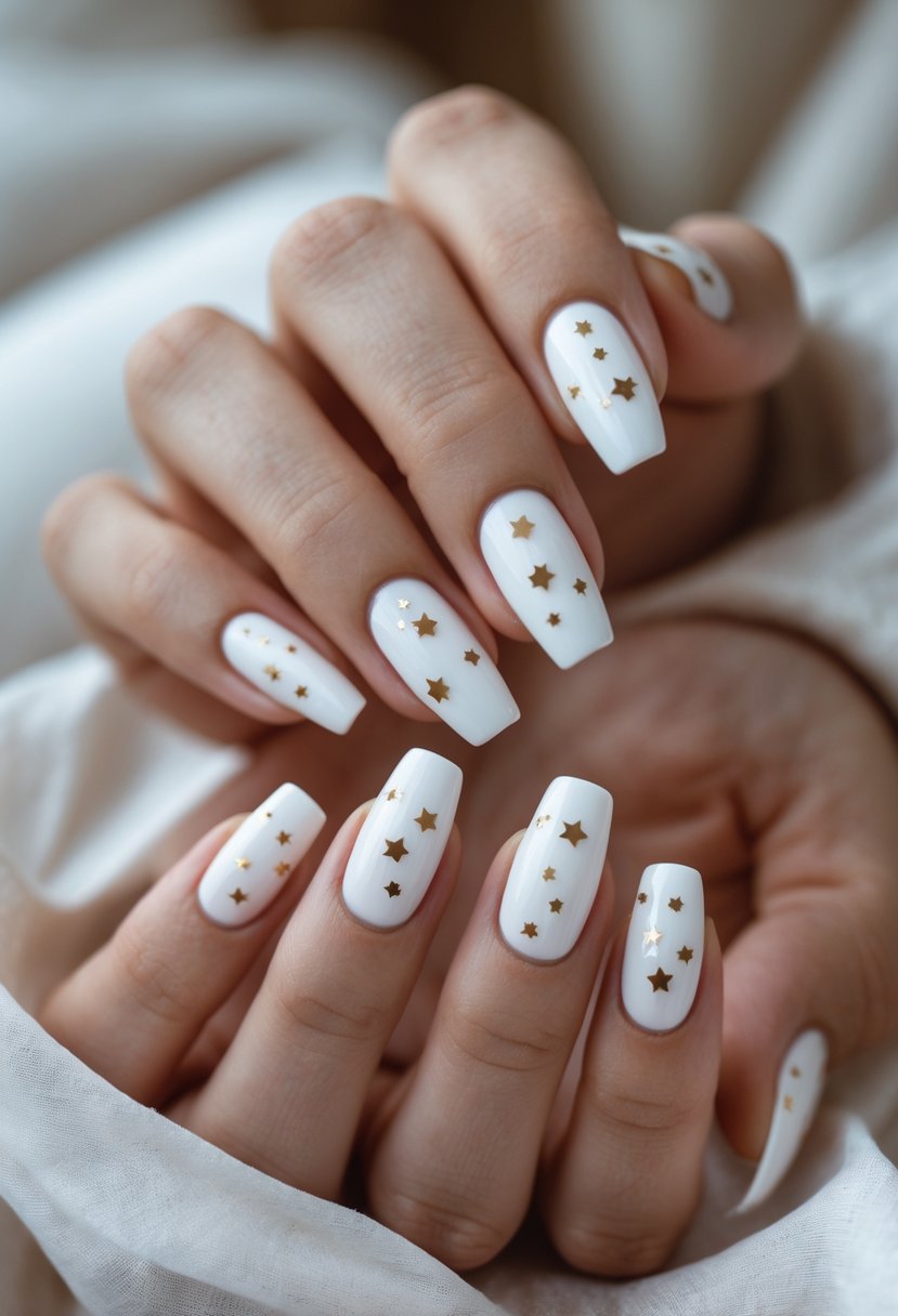 Close-up of hands with white nails decorated with tiny stars.