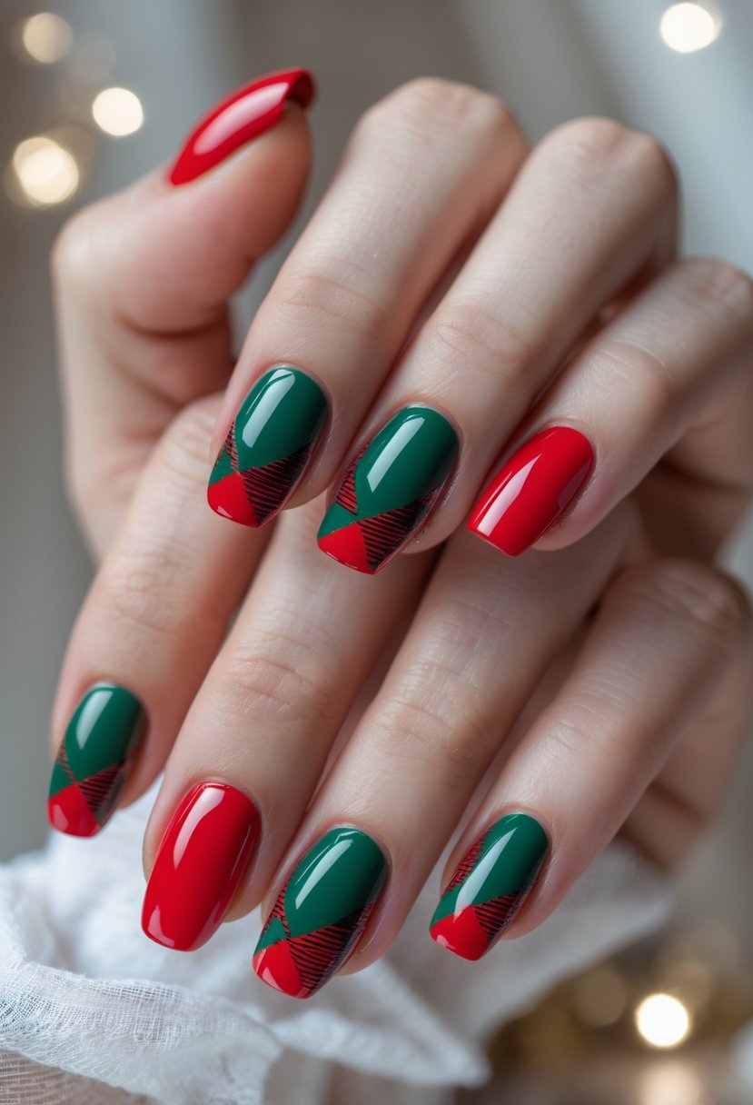 Close-up of hands with red and green checkered Christmas-themed nails.