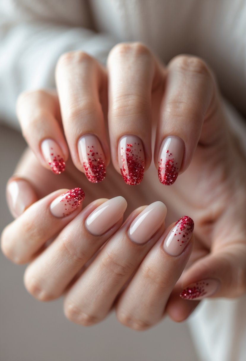 Close-up of hands with natural nails featuring subtle red glitter accents.