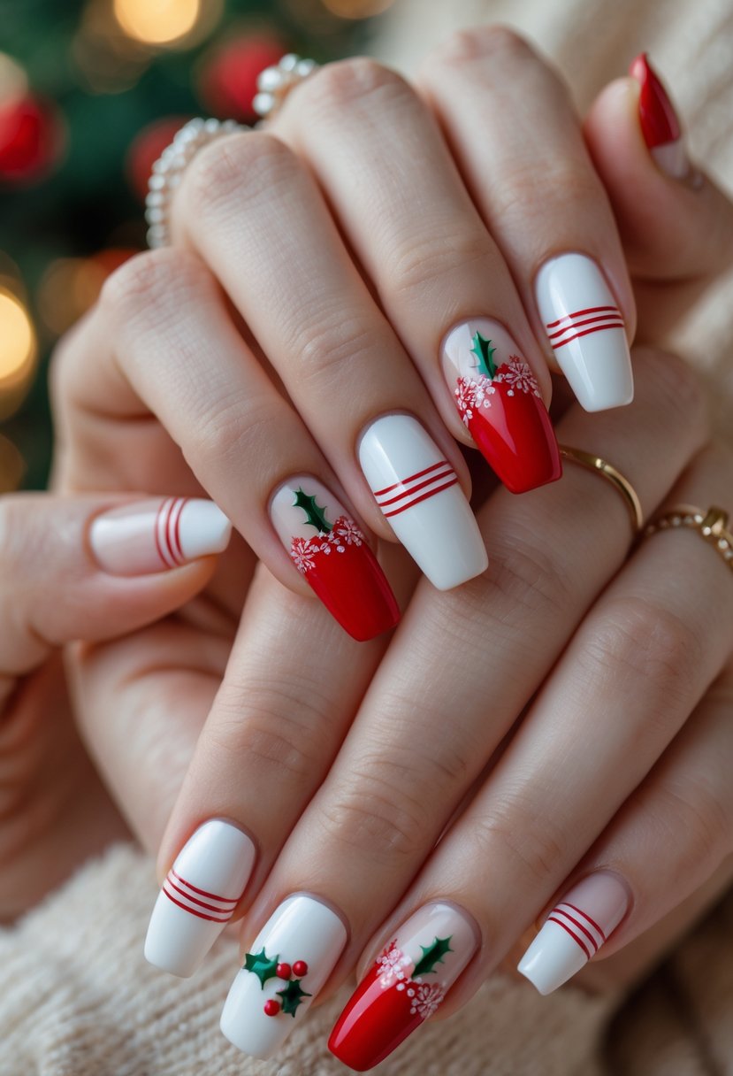 Close-up of hands showing nails with a classic French manicure accented with red and subtle Christmas designs.