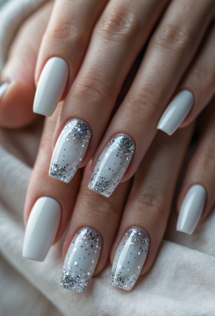 Close-up of hands with snowy white and silver glitter Christmas-themed nails.