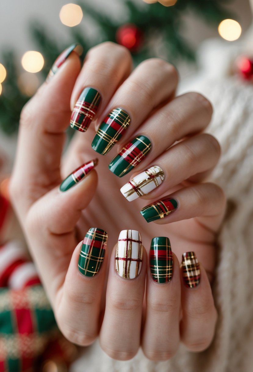 Close-up of hands with Christmas-themed plaid nail designs in red, green, white, and gold colors.