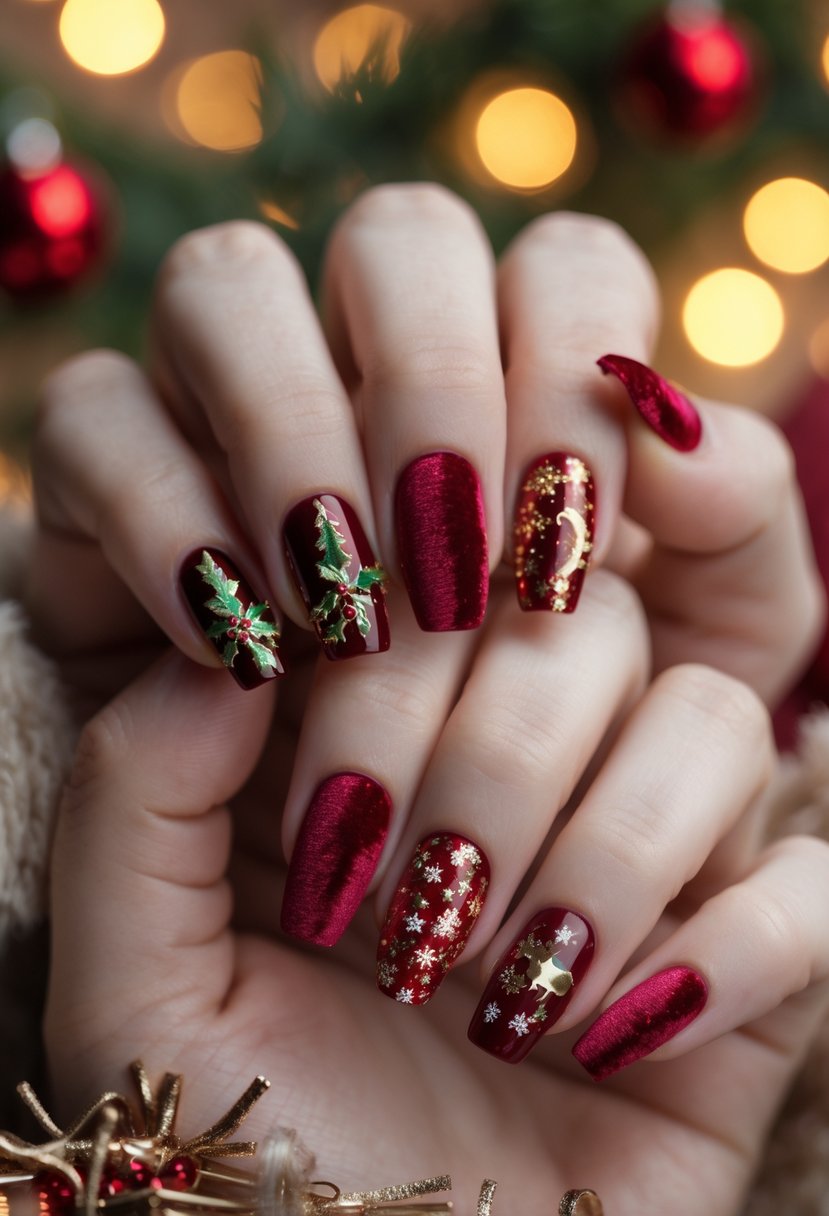 Close-up of two hands showing red velvet textured Christmas-themed nails with festive designs and decorations.