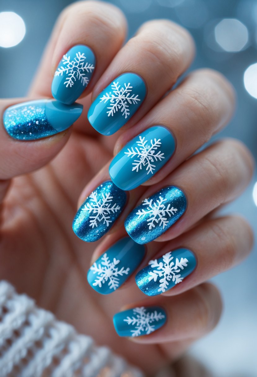 Close-up of a hand with icy blue nails decorated with white snowflakes.