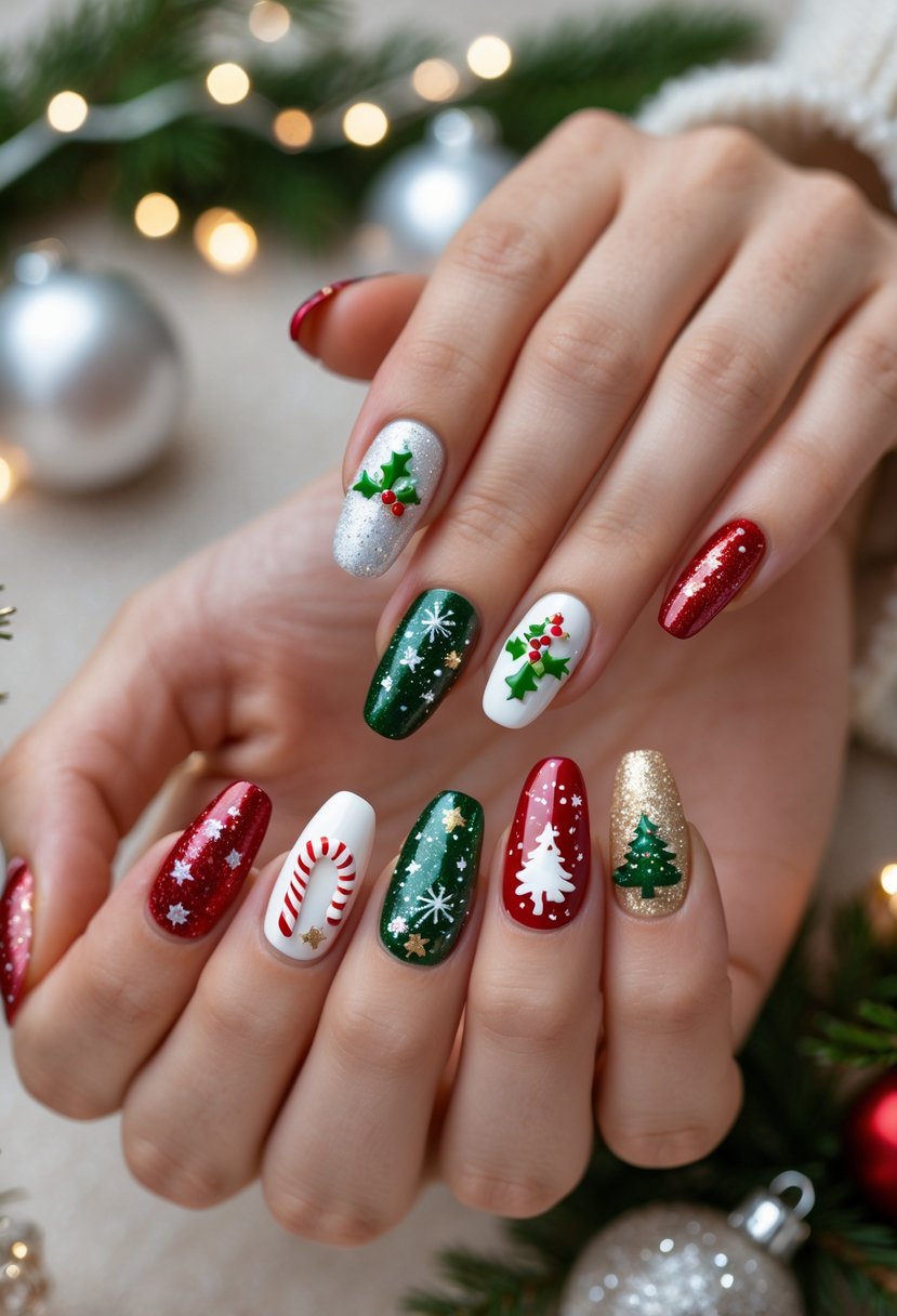 Multiple hands displaying festive Christmas-themed nail art with designs like snowflakes, candy canes, and Christmas trees.