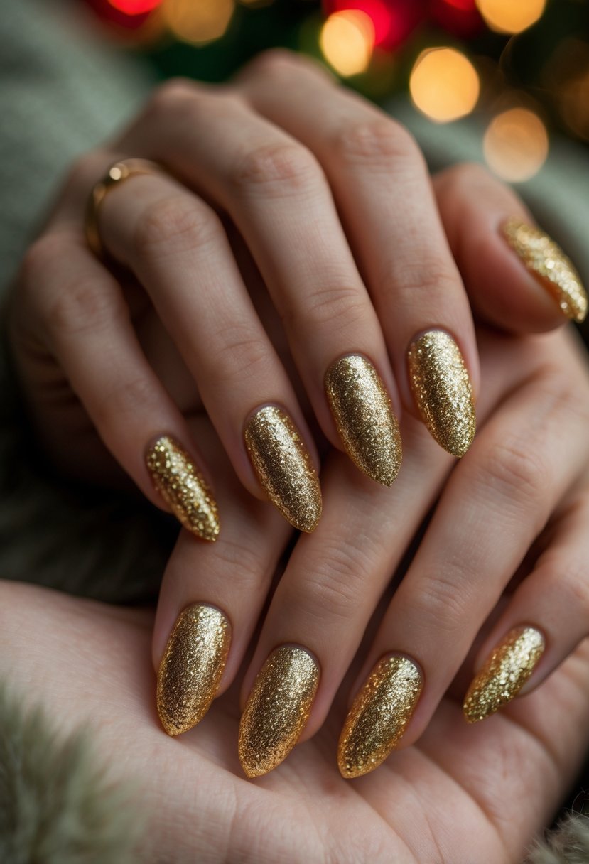 Close-up of a woman's hands with glittery gold tipped Christmas-themed nails.