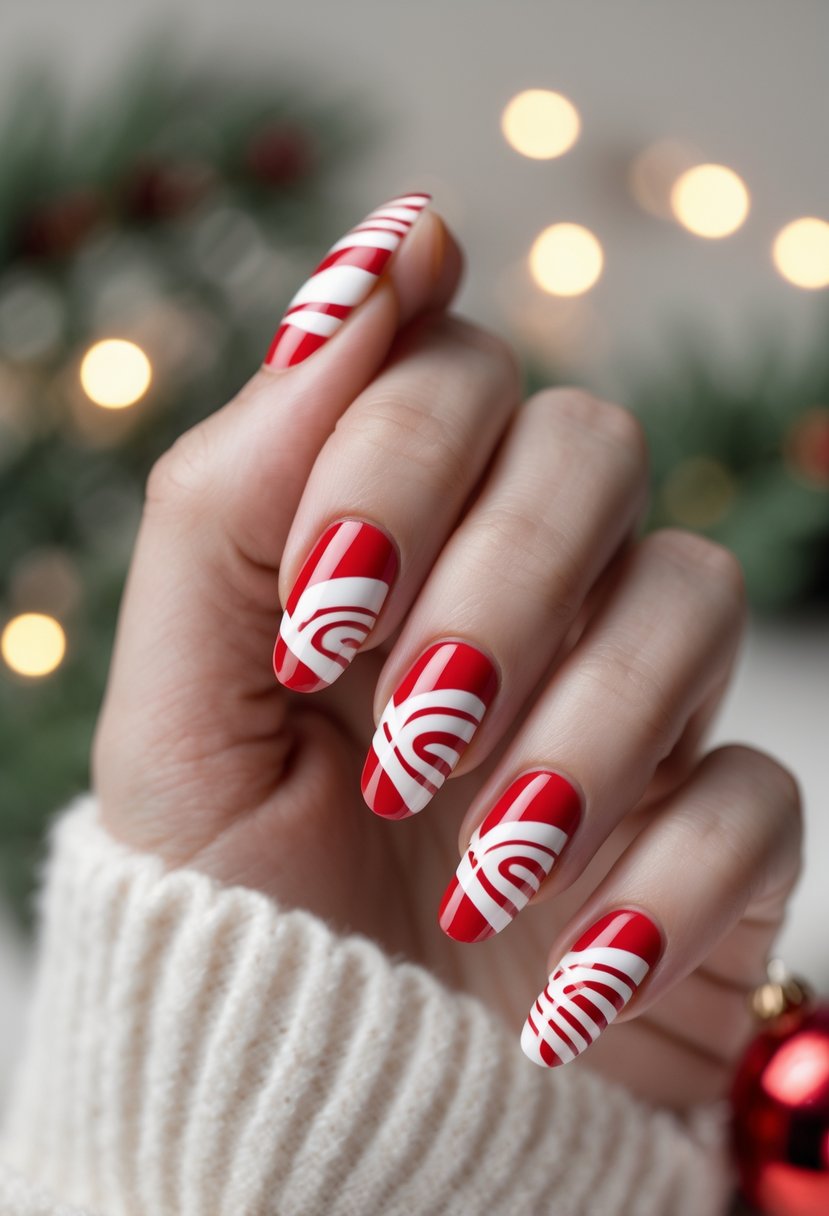 Close-up of a hand with red and white candy cane swirl nail art against a soft background with Christmas lights and pine branches.