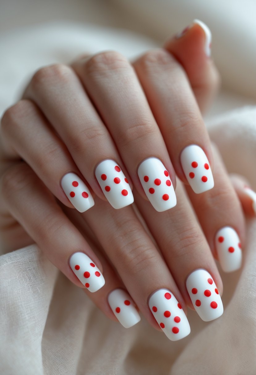 Close-up of a hand with matte white nails decorated with small red dots.