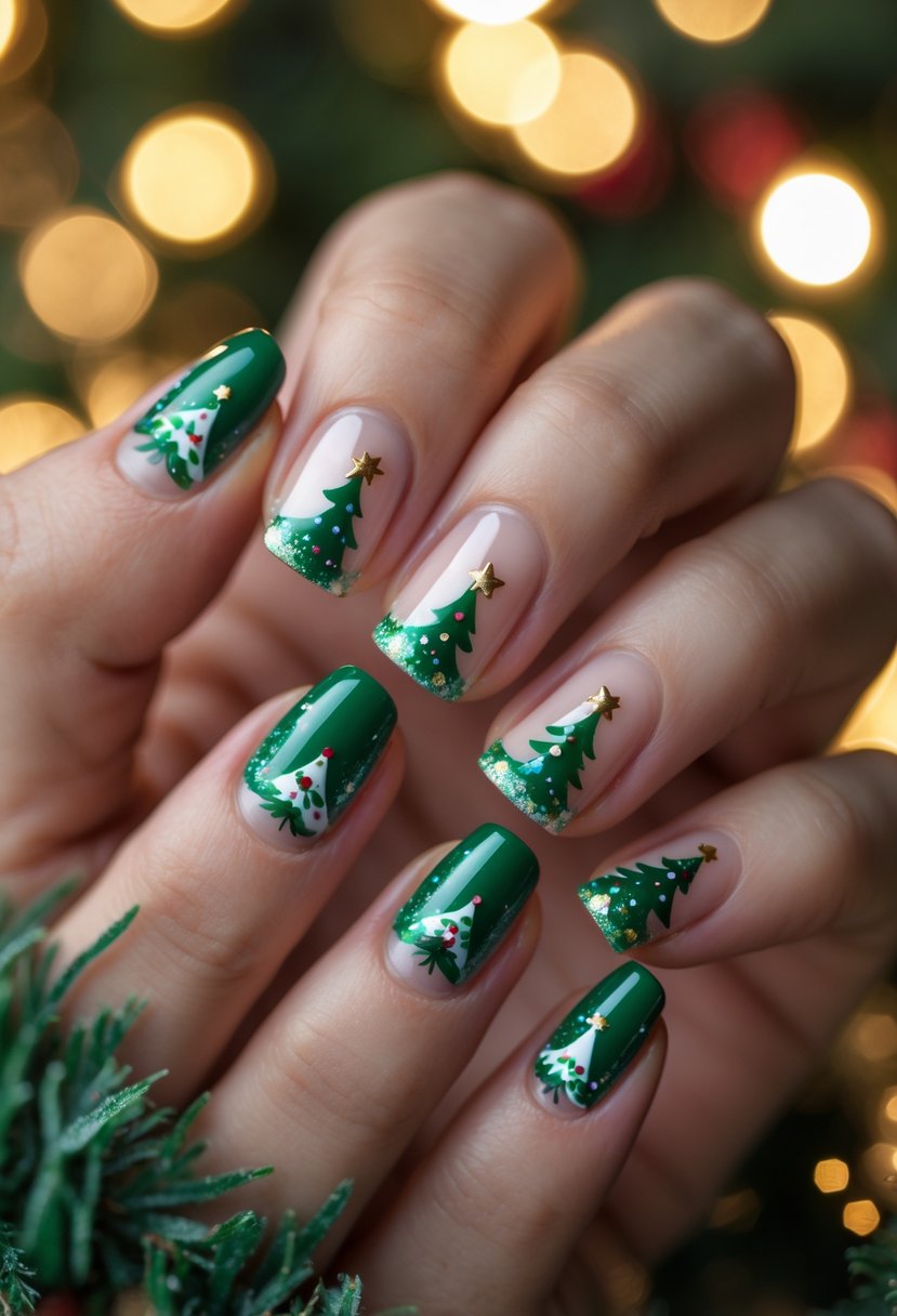 Close-up of hands with festive Christmas tree nail art showing cute holiday designs on manicured nails.