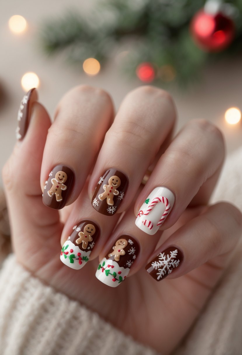 Close-up of hands with Christmas-themed nail art featuring gingerbread men and festive designs.
