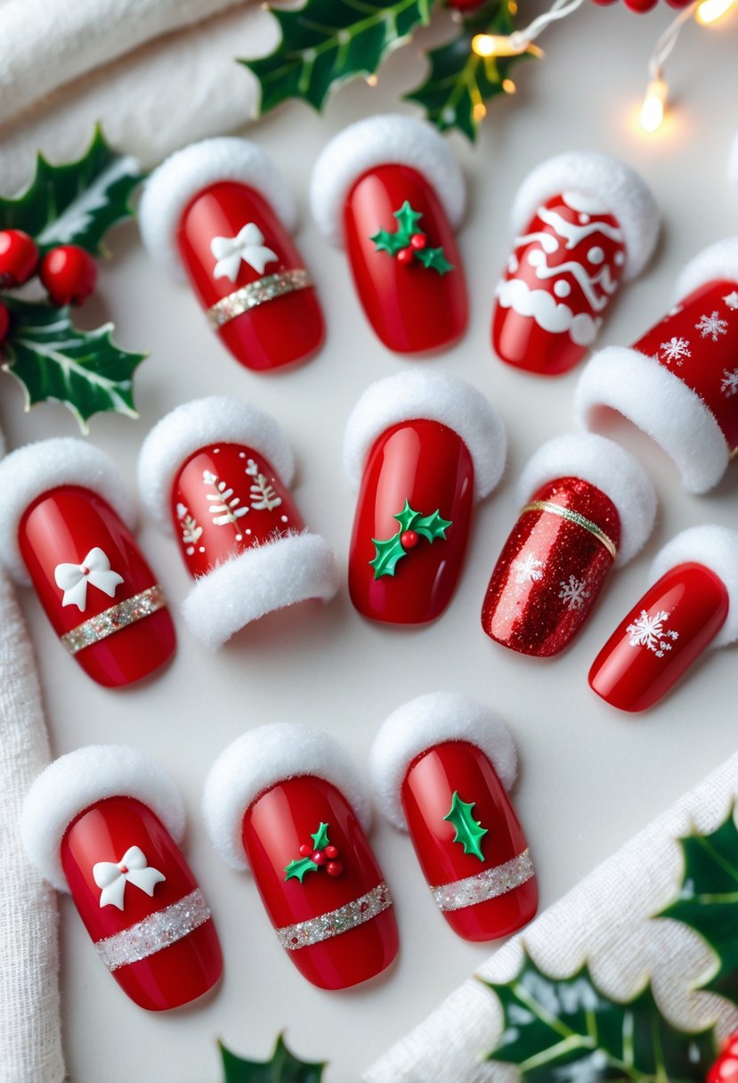 Close-up of 22 manicured nails decorated with various Santa hat designs in red, white, and festive accents.