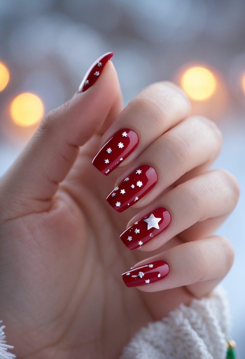 Close-up of a hand with red nails decorated with silver stars against a soft winter background.