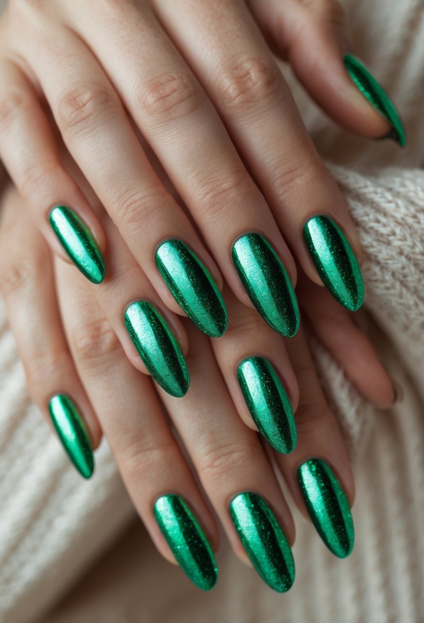 Close-up of hands with metallic green foil nails gently clasped together.