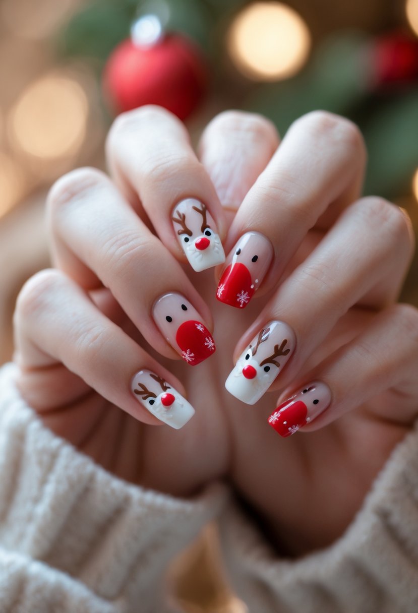 Close-up of hands with Christmas-themed nail art featuring red noses and brown antlers.