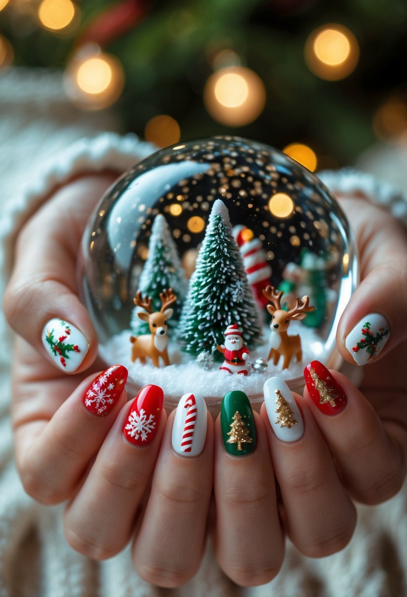 Hands with festive Christmas-themed manicured nails holding a sparkling snow globe with miniature holiday decorations inside.