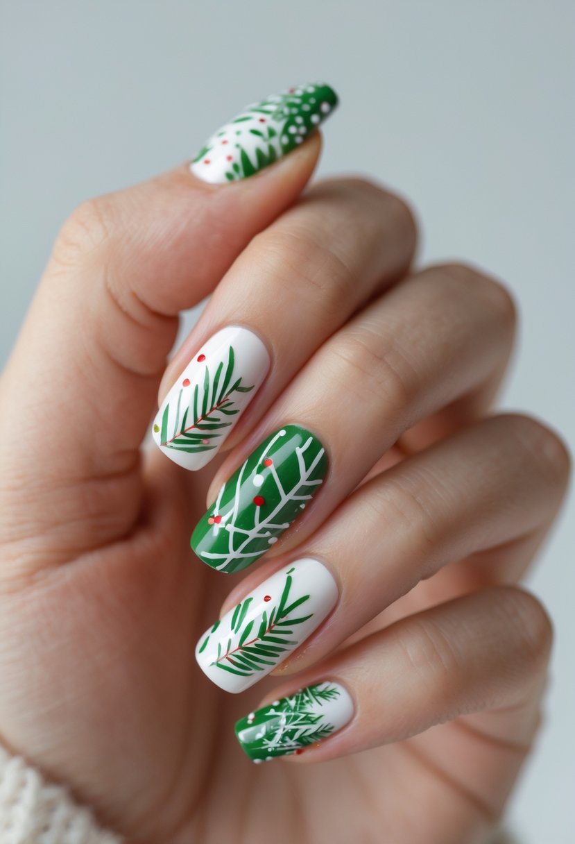 Close-up of a hand with 22 Christmas-themed manicured nails featuring evergreen branch designs.