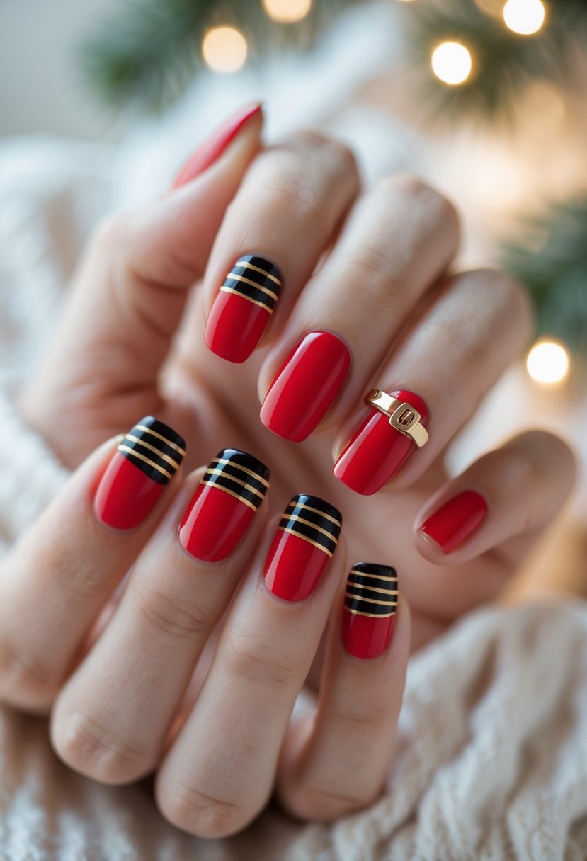 Close-up of hands showing red and black Christmas-themed nail art with gold buckle designs resembling Santa's belt.