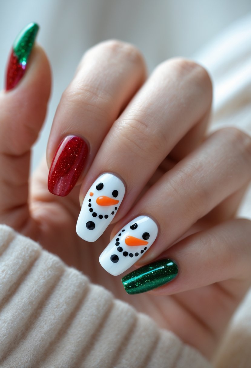 A hand with Christmas-themed nails featuring snowman faces on the accent nails and red and green polish on the others.