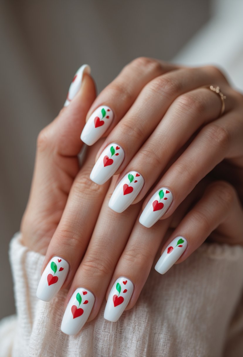 Close-up of hands with white nails decorated with small red hearts.