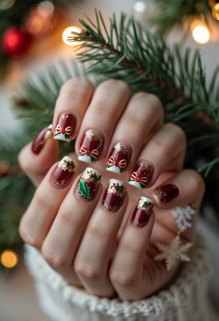 Close-up of hands with festive Christmas-themed nails featuring bows and holiday decorations.