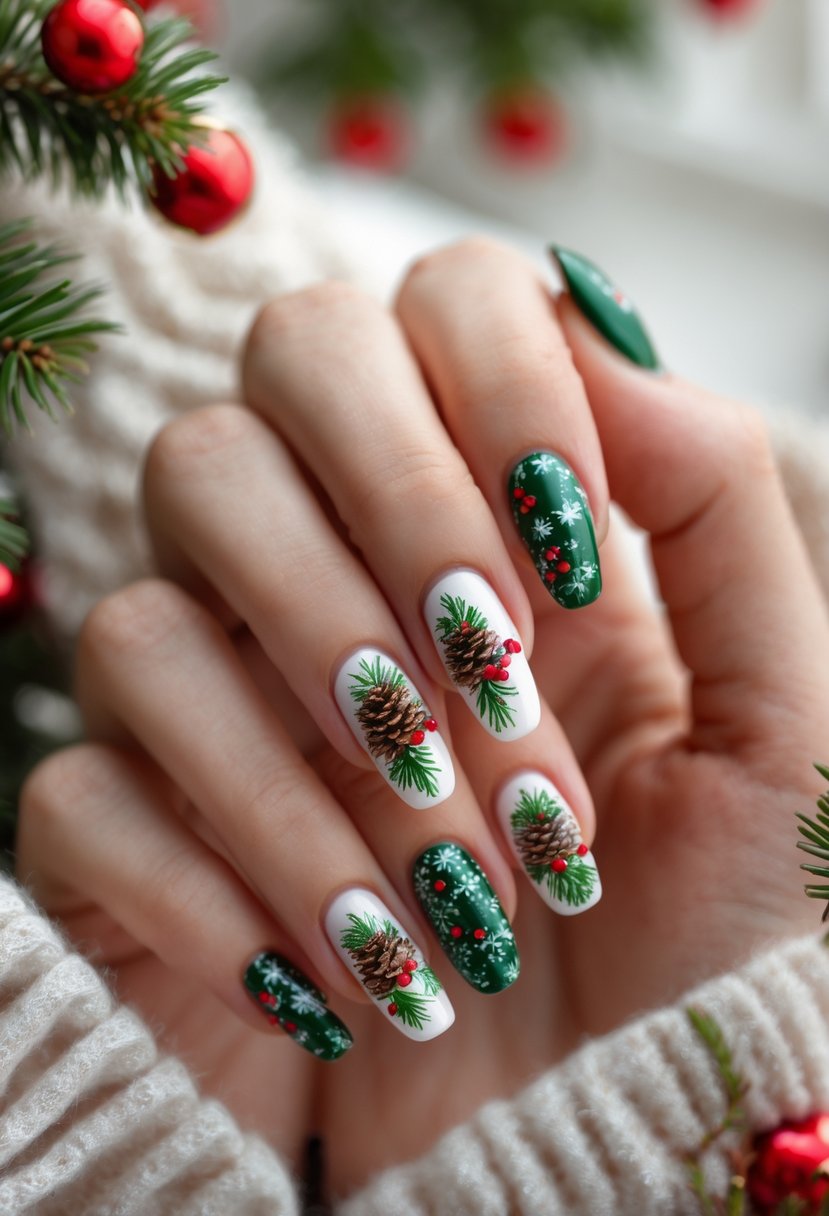 Close-up of hands with festive pinecone and red berry patterned Christmas nail art.