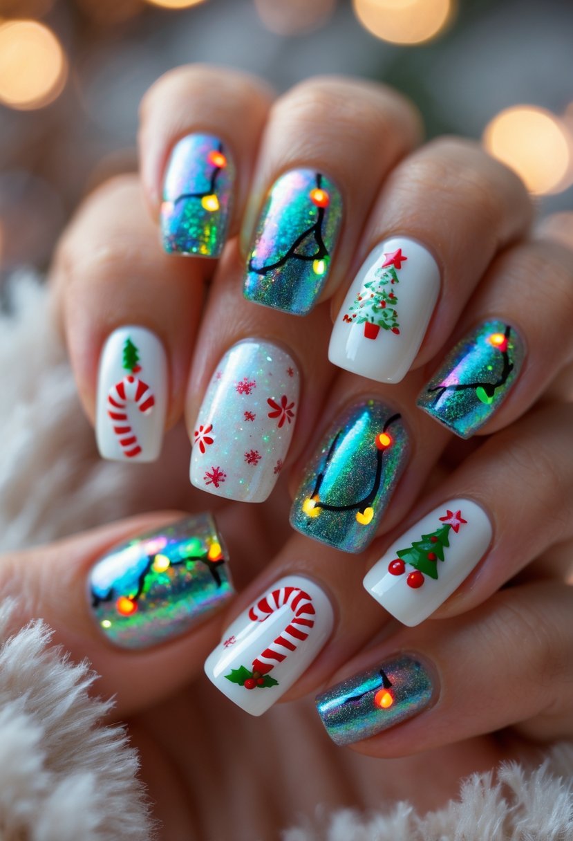 Close-up of a hand showing 22 nails decorated with colorful Christmas-themed designs including holographic lights and festive patterns.