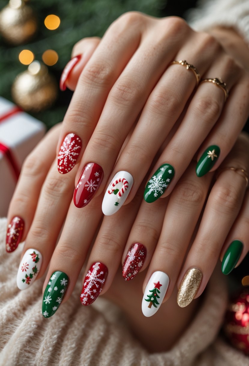 Close-up of hands displaying 23 different Christmas-themed nail designs with festive patterns and colors.