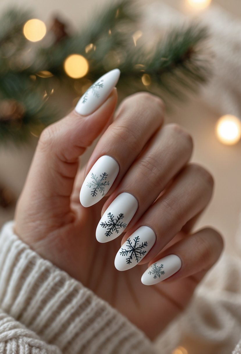 Close-up of a hand with matte white nails featuring snowflake designs, set against a warm holiday background.