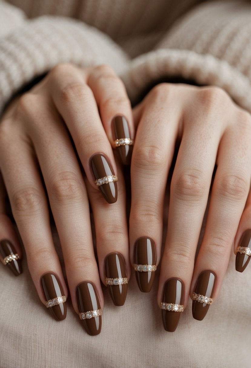 Close-up of hands with mocha brown nails featuring subtle sparkling accents.