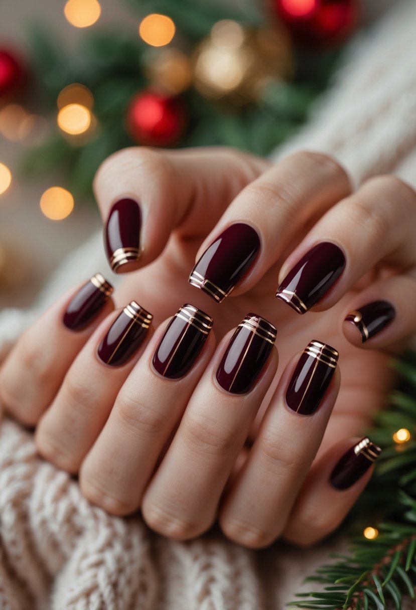 Close-up of a hand with deep burgundy nails featuring thin metallic stripes, resting on a soft Christmas-themed background with warm lights and pine branches.
