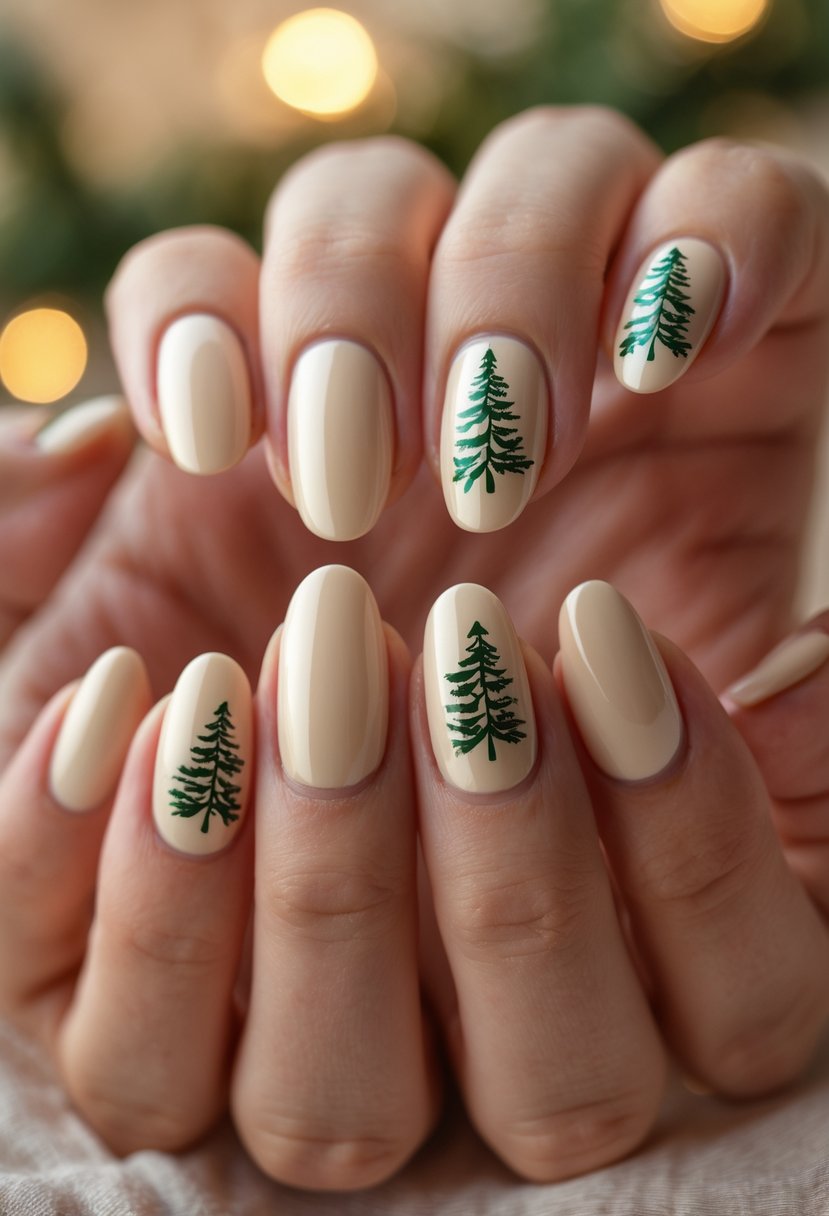 Close-up of a hand with creamy beige nails decorated with green pine tree designs.