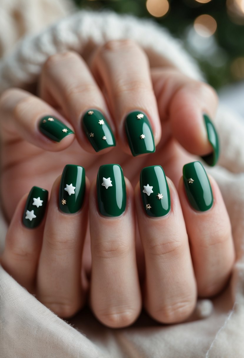 A close-up of a hand with glossy dark green nails decorated with tiny star accents.