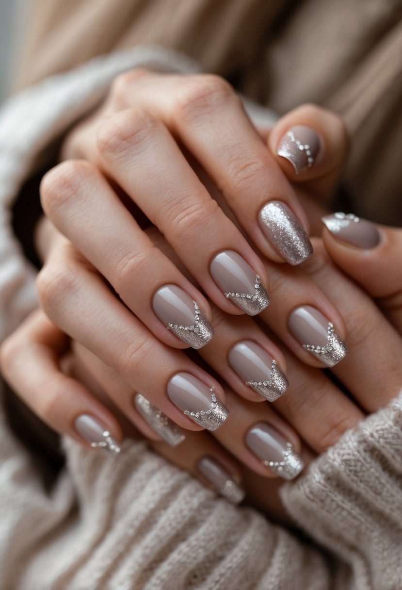 Close-up of hands with soft taupe and shimmering silver painted nails.