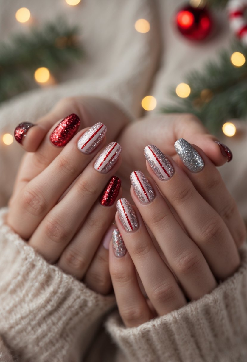 Close-up of hands with glittery red and white striped nails resting over a soft background with Christmas decorations.