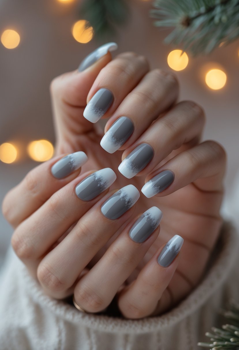 Close-up of hands with neatly manicured nails painted muted grey with frosty white tips.