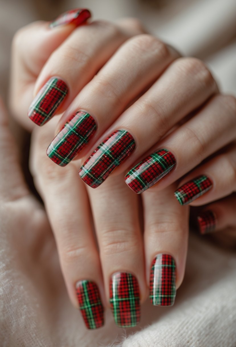 Close-up of hands with red and green plaid Christmas-themed nails.