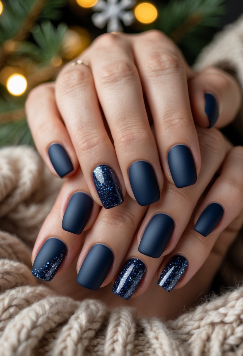 Close-up of hands with navy blue and silver glitter Christmas-themed nails against a festive background.