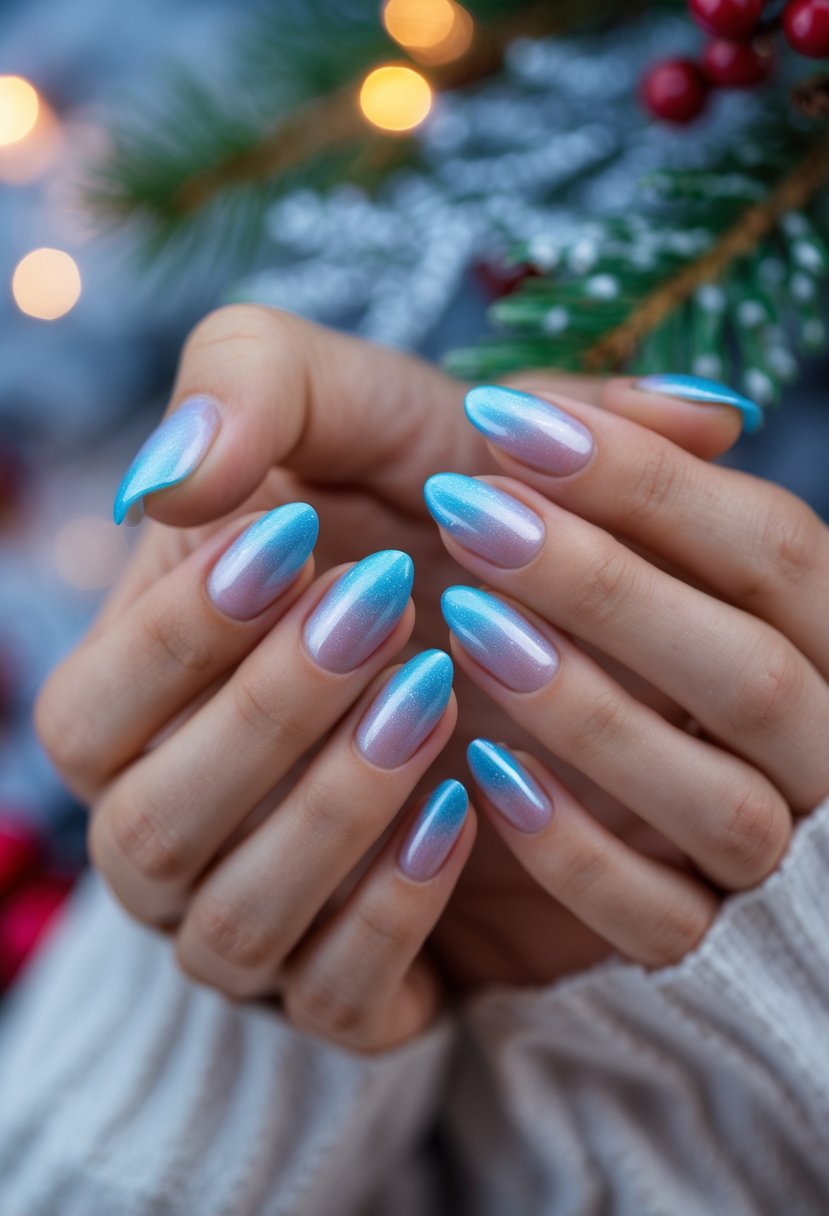 Close-up of hands with blue ombre nails over a cozy Christmas background with holiday decorations.
